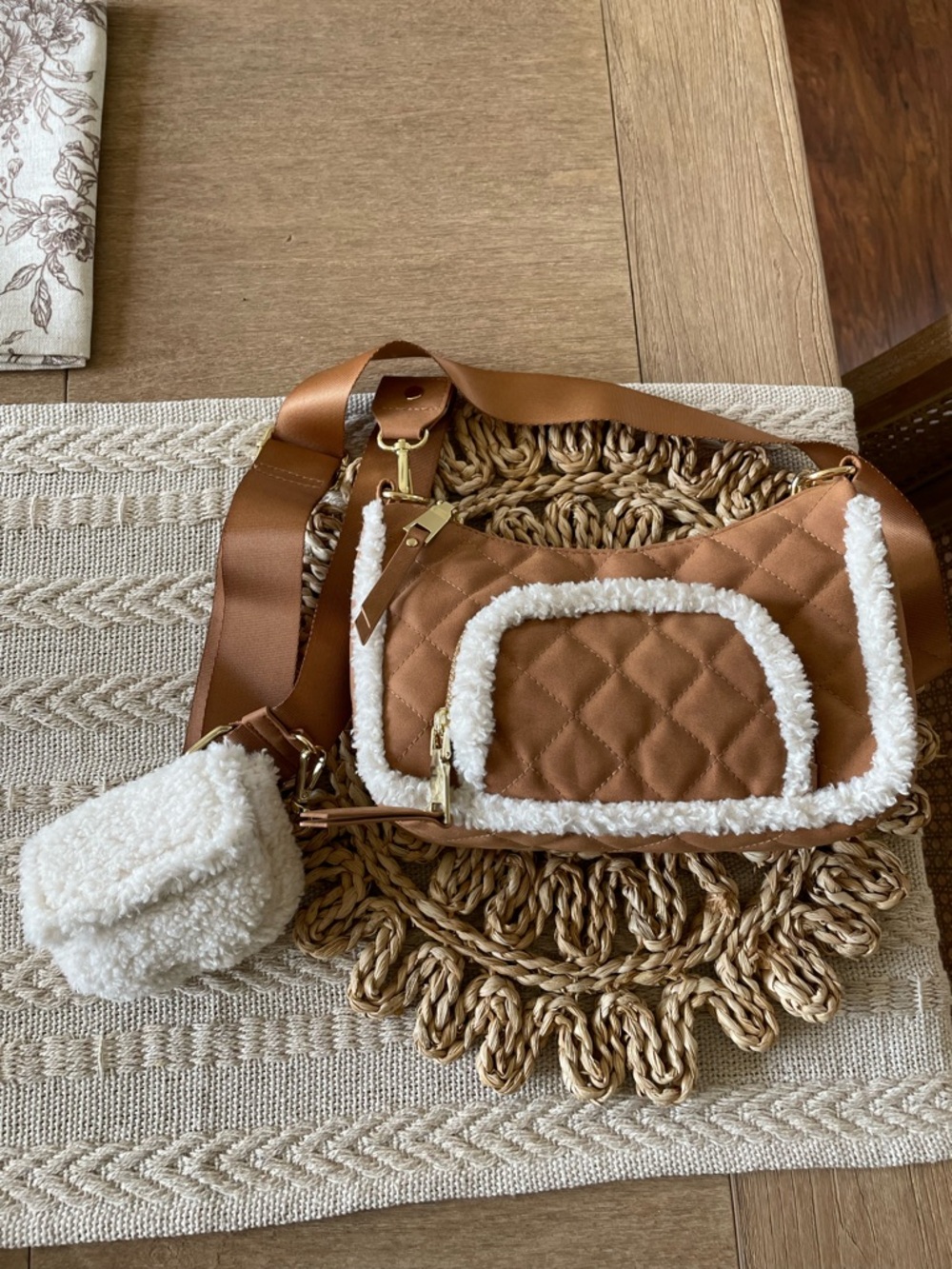 Quilted Faux-Suede Crossbody Bag with Shearling Trim and Sherpa Pouch - EUC!!